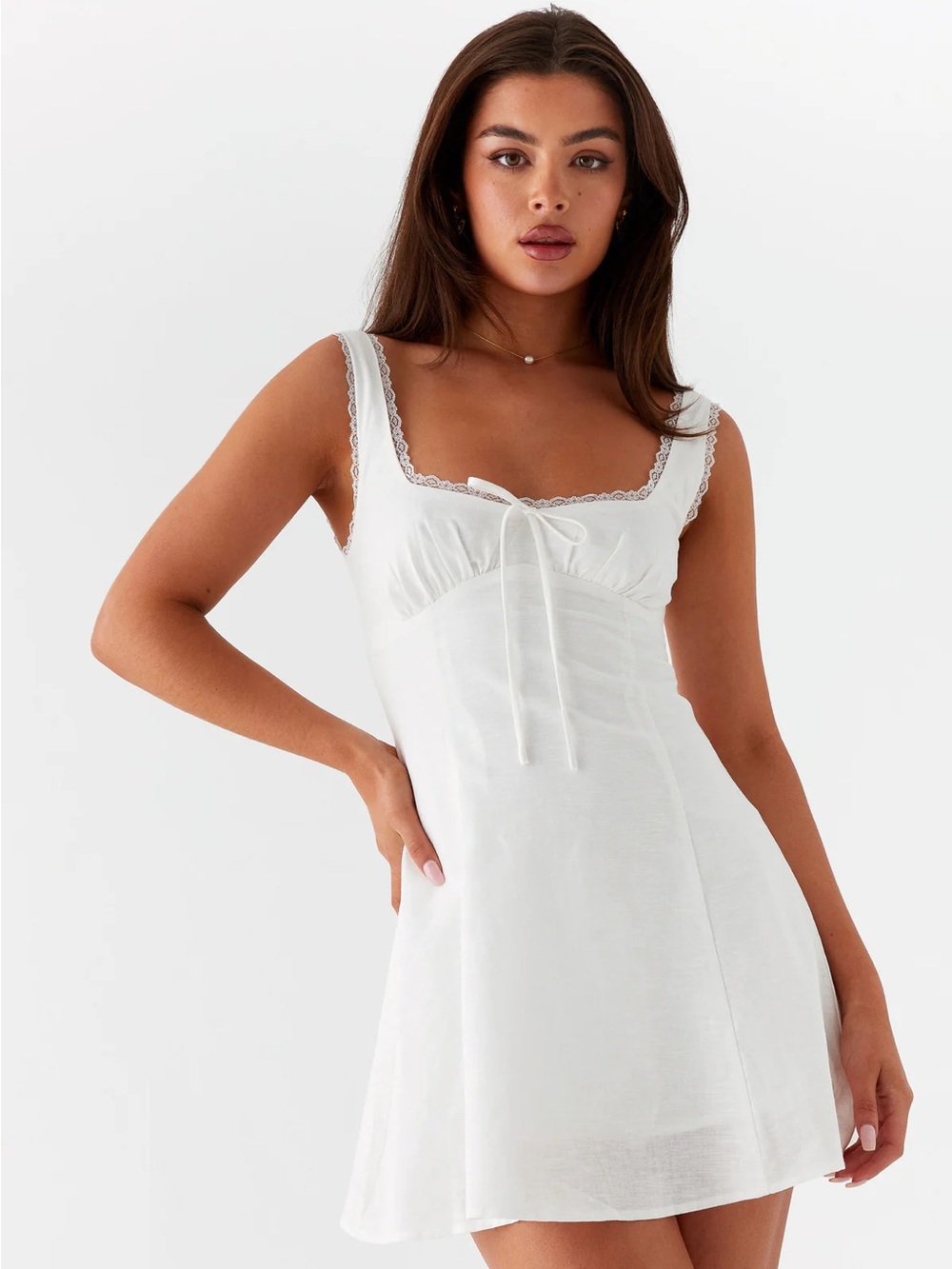 Peppermayo White Square-Neck Mini Dress with Lace Trim - Picture 1 of 5